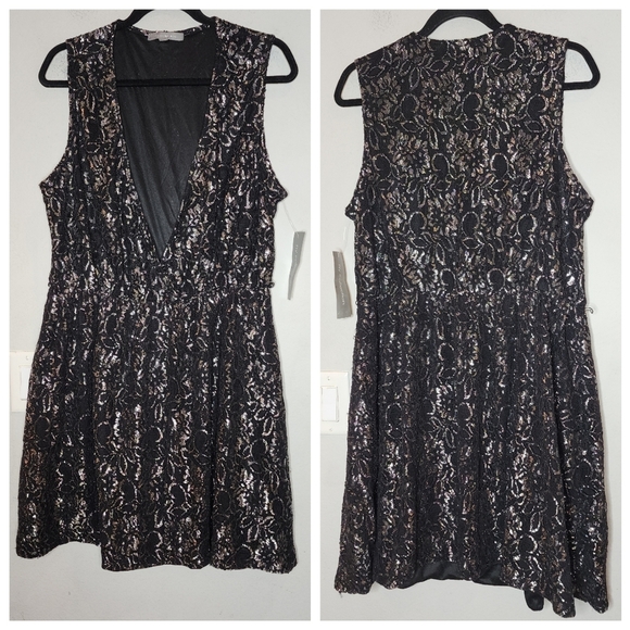 NWT NY Collection Silver Metallic Black Lace Stretch Sleeveless Mini Dress XL - Picture 15 of 16